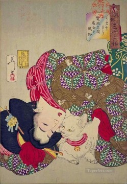 月岡芳年 Painting - 猫と遊ぶ寛政の若い女性 月岡芳年 美人画